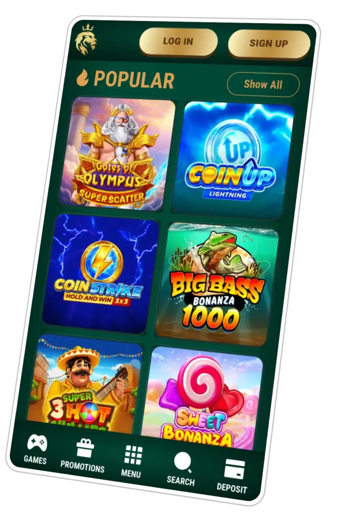 pokies section mobile interface