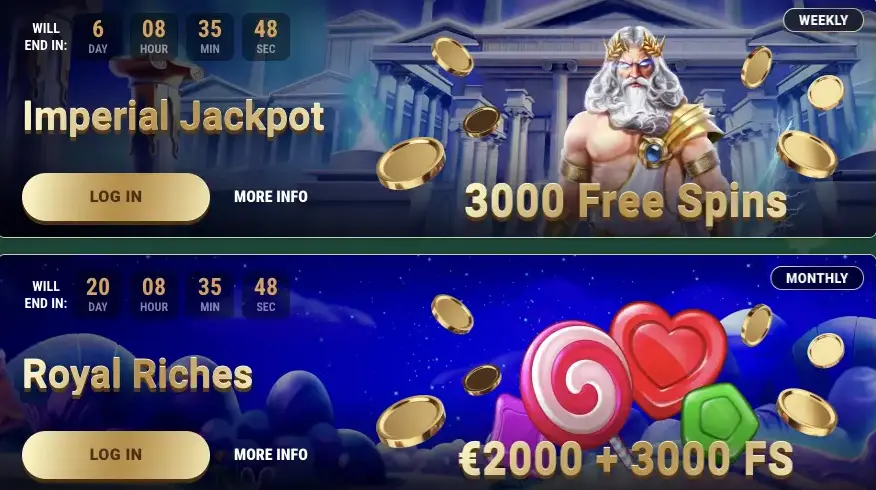 Active Tournaments banner: Imperial jackpot and Royal Riches