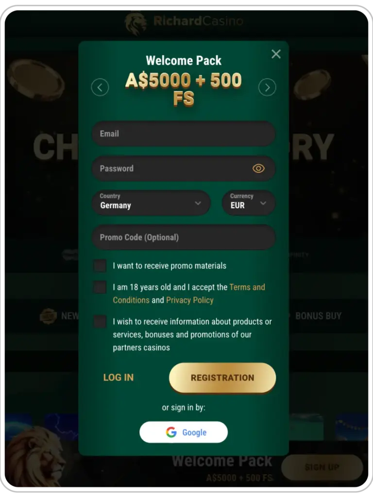 Sign up interface for desktop version Richard Casino website